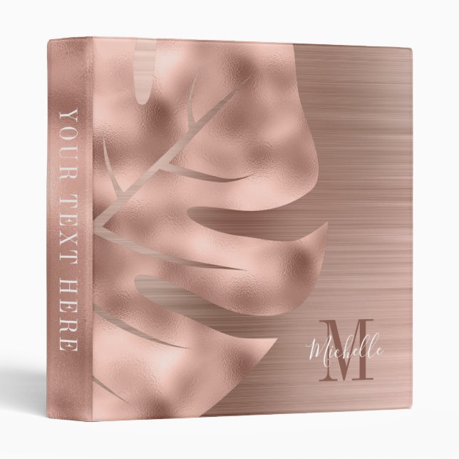 Modern Monogram Rose Gold Leaf 3 Ring Binder (Front/Spine)