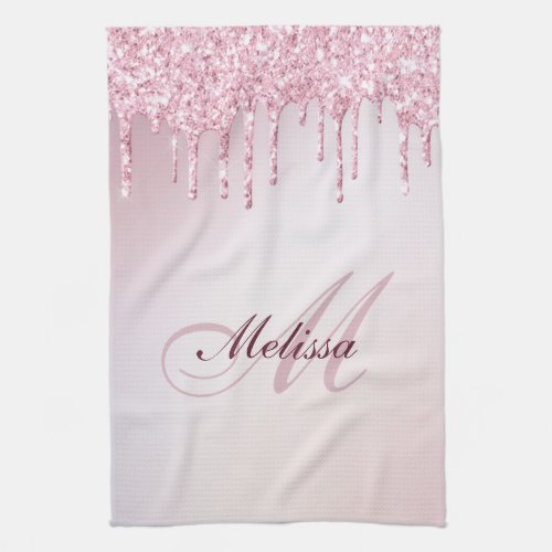 modern monogram rose gold purple glitter kitchen towel