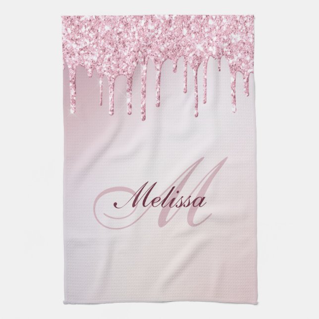 ,modern monogram rose gold purple glitter kitchen towel (Vertical)