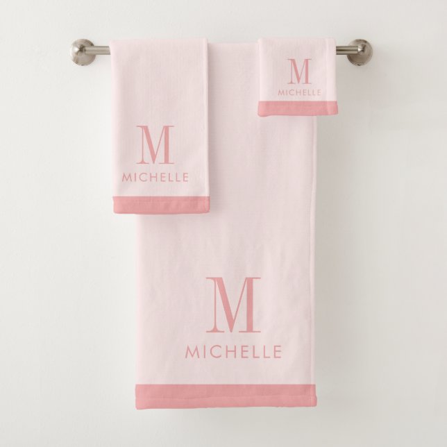 Modern Monogram Rose Pink On Blush Pink Bath Towel Set (Insitu)