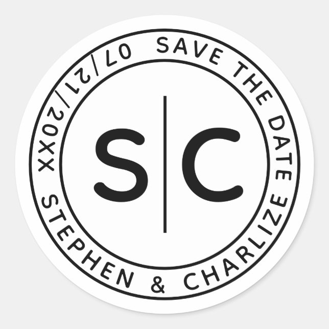 Modern Monogram Round Wedding Save The Date Classic Round Sticker (Front)