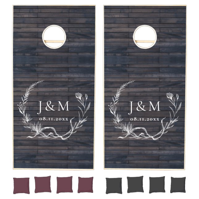Modern Monogram Rustic Elegant Floral Wood Wedding Cornhole Set (Set)