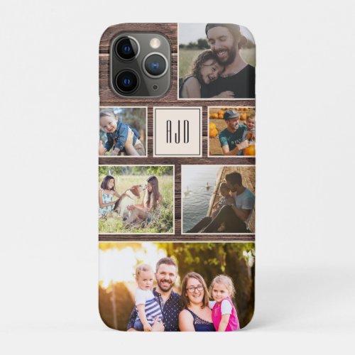 Modern Monogram Rustic Family Photo Collage iPhone 11 Pro Case