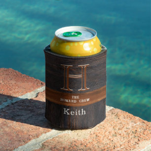 Modern Monogram Rustic Wood Tone Brown Can Seltzer Can Cooler