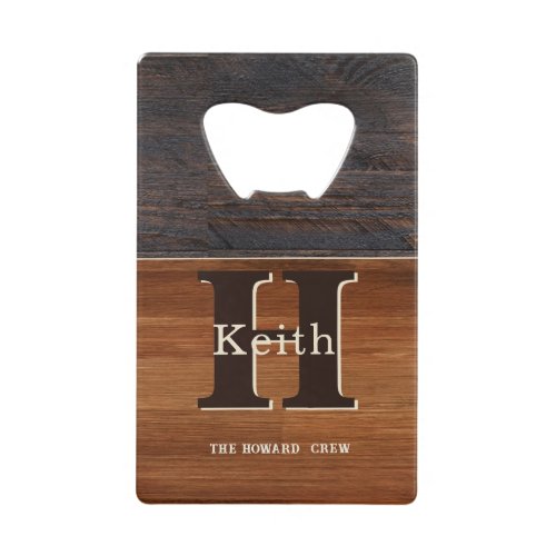 Modern Monogram Rustic Wood Tone Brown  Credit Card Bottle Opener