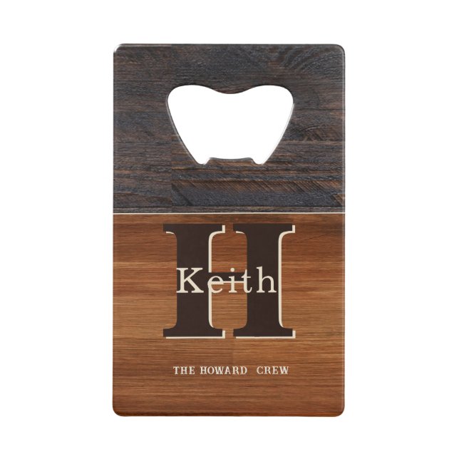 Modern Monogram Rustic Wood Tone Brown  Credit Card Bottle Opener (Front)