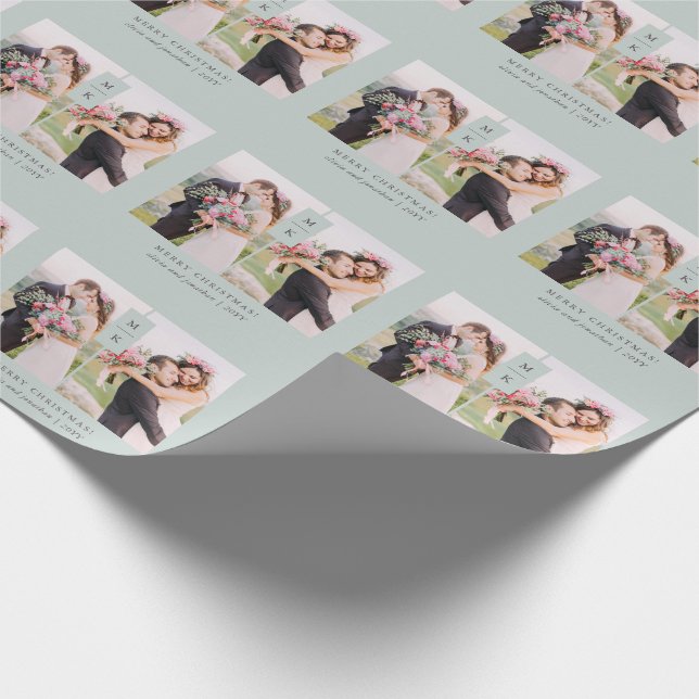 Modern Monogram | Sage Green Christmas with Photos Wrapping Paper (Corner)