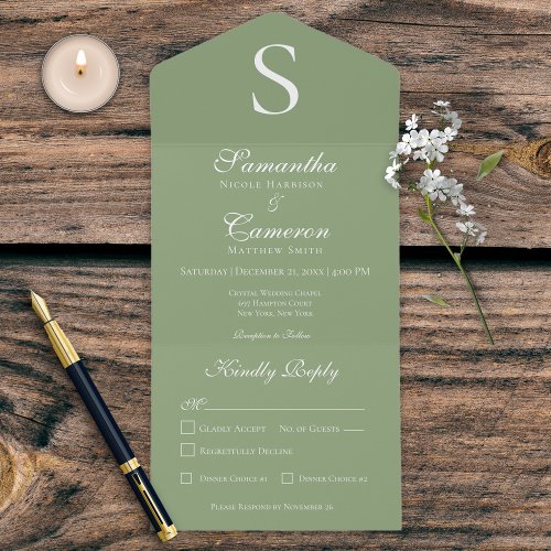 Modern Monogram Sage Green Dinner All In One Invitation