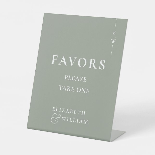 Modern Monogram Sage Green Favors Wedding Pedestal Sign (Front)
