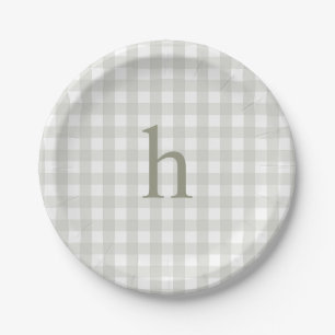 Modern Monogram Sage Green Gingham Paper Plates