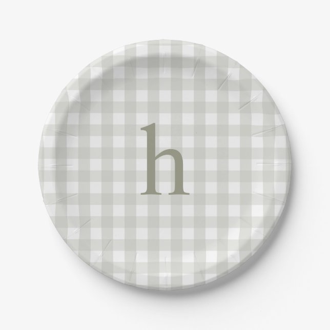 Modern Monogram Sage Green Gingham Paper Plates (Front)