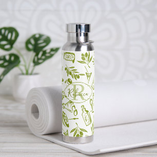 Modern Monogram Sage Green Olive Leaf Chic Design Water Bottle