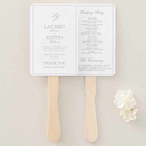 Modern Monogram Sage Green Script Wedding Program Hand Fan