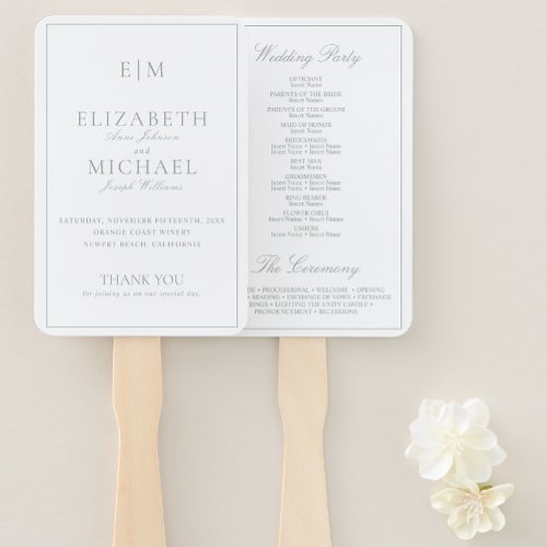 Modern Monogram Sage Green Script Wedding Program Hand Fan