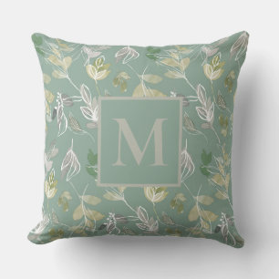 Modern Monogram Sage Green Silver Leaves Foliage  Outdoor Pillow