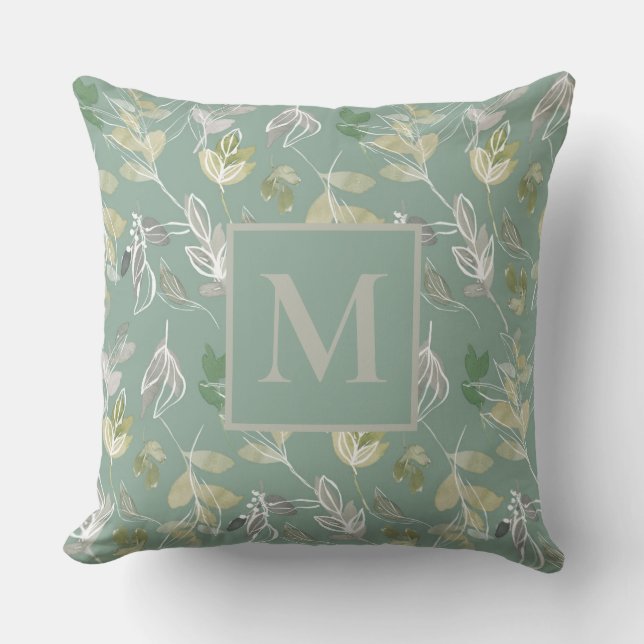 Modern Monogram Sage Green Silver Leaves Foliage  Outdoor Pillow (Front)
