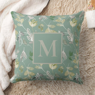 Modern Monogram Sage Green Silver Leaves Foliage Throw Pillow