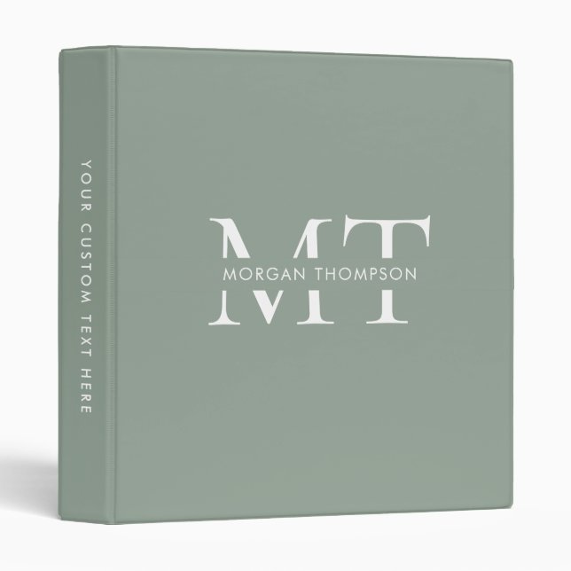Modern Monogram Sage Green with Name 3 Ring Binder (Front/Spine)