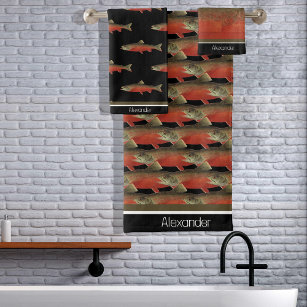 Modern Monogram Salmon Fish Design Black White Red Bath Towel Set