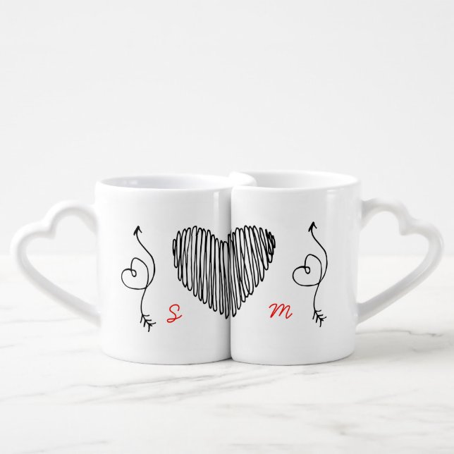 Modern Monogram Scribble Script Newlyweds Wedding Coffee Mug Set (Front Nesting)