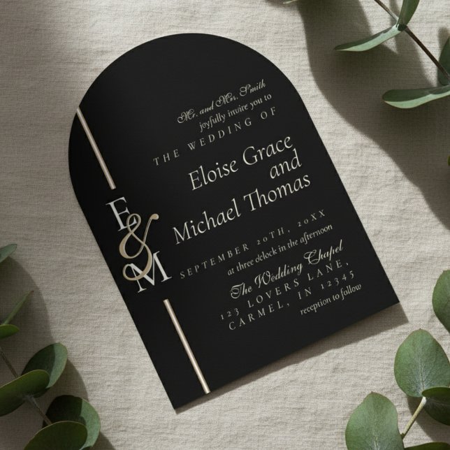 Modern Monogram Script Black Tie Arch Wedding Invitation (Announce your special day with this luxurious Modern Monogram Script Arch Wedding Invitation!)