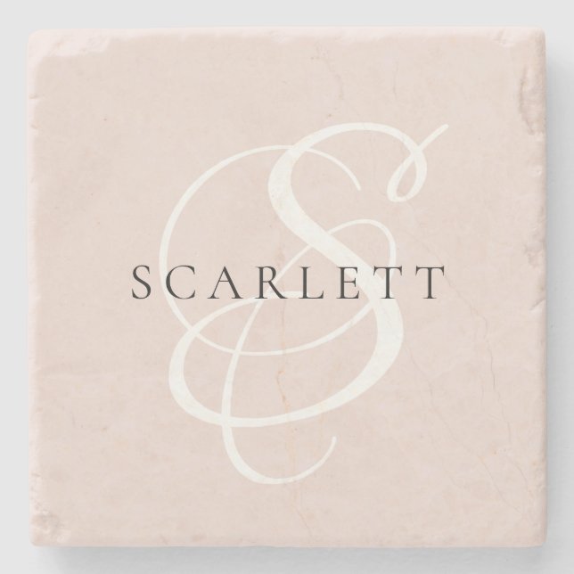 Modern Monogram Script Blush Pink Custom Name Stone Coaster (Front)