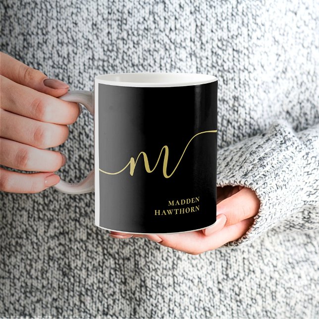 Modern Monogram Script Calligraphy Black Gold Name Coffee Mug (Creator Uploaded)