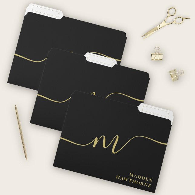 Modern Monogram Script Calligraphy Black Gold Name File Folder (Creator Uploaded)