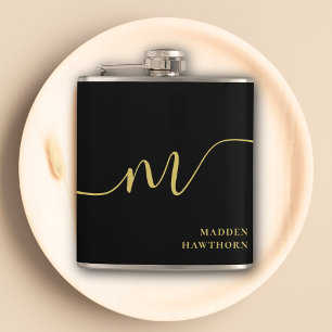 Modern Monogram Script Calligraphy Black Gold Name Flask