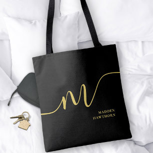 Modern Monogram Script Calligraphy Black Gold Name Tote Bag
