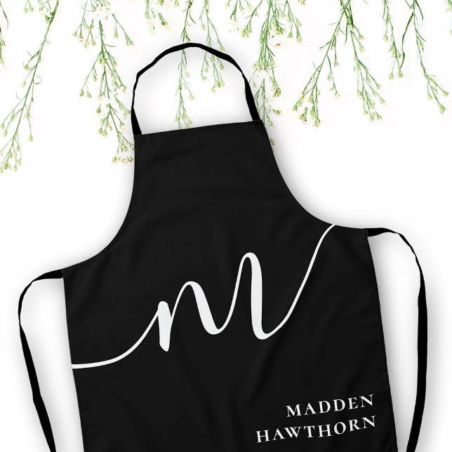 Modern Monogram Script Calligraphy Black White Apron (Creator Uploaded)
