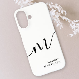 Modern Monogram Script Calligraphy Black White iPhone 16 Case
