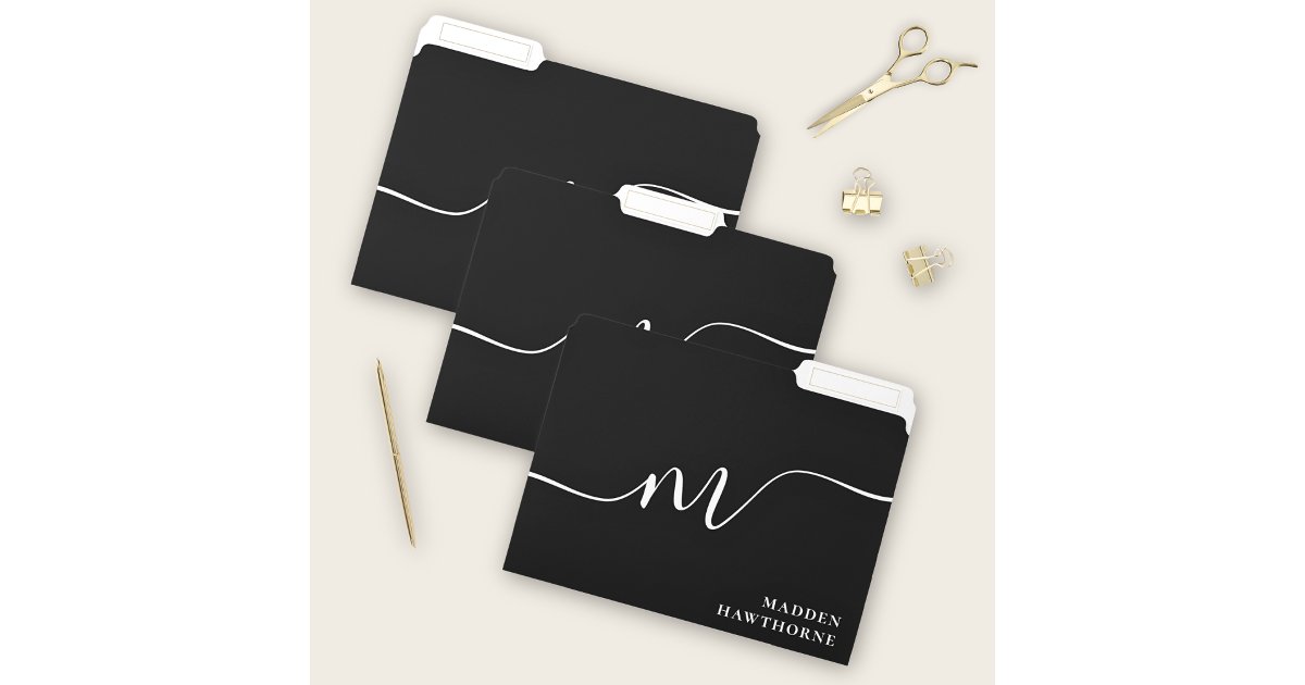 Pending Folder Lettering Modern Monogram Script Calligraphy Black White File Folder | Zazzle