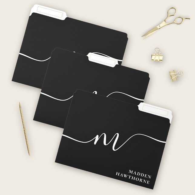 Modern Monogram Script Calligraphy Black White File Folder (Creator Uploaded)