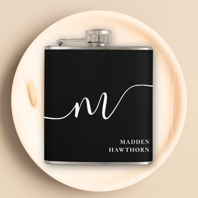 Modern Monogram Script Calligraphy Black White Flask (Creator Uploaded)