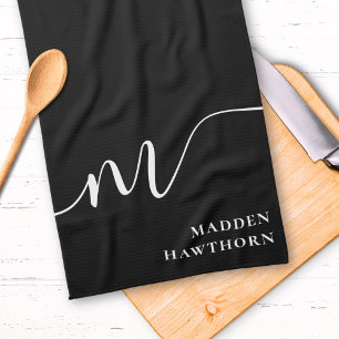 Modern Monogram Script Calligraphy Black White Kitchen Towel