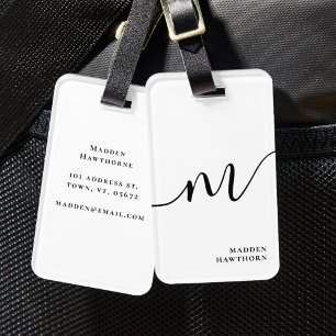 Modern Monogram Script Calligraphy Black White Luggage Tag