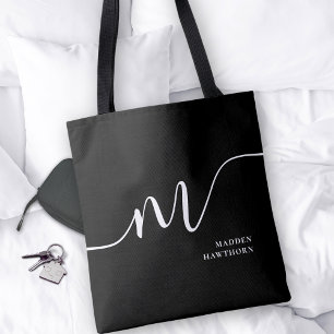 Modern Monogram Script Calligraphy Black White Tote Bag