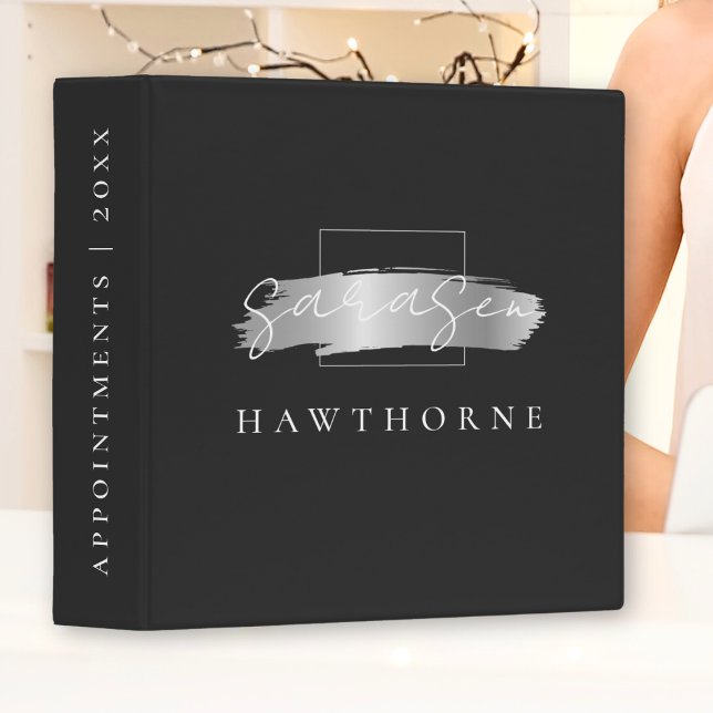 Modern Monogram Script Chic Black Faux Silver 3 Ring Binder (Creator Uploaded)