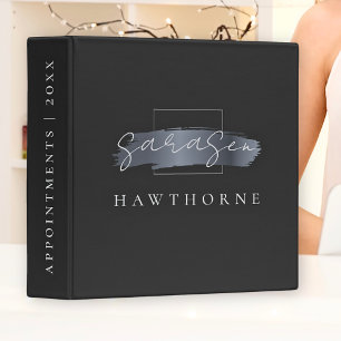 Modern Monogram Script Chic Black Faux Silver Gray 3 Ring Binder