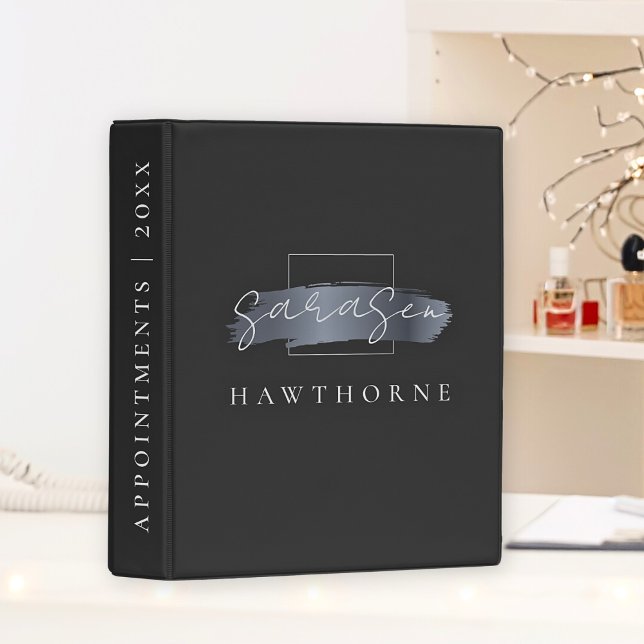 Modern Monogram Script Chic Black Faux Silver Gray Mini Binder (Creator Uploaded)