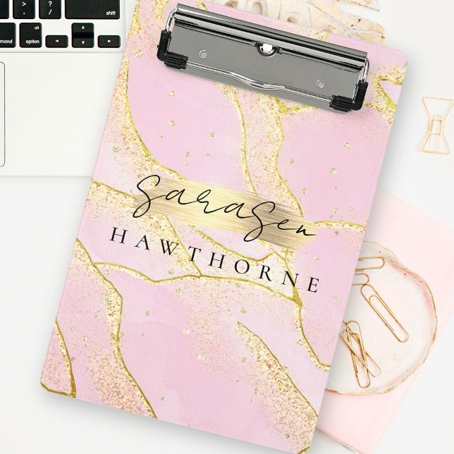 Modern Monogram Script Chic Girly Pink Gold Foil Mini Clipboard (Creator Uploaded)