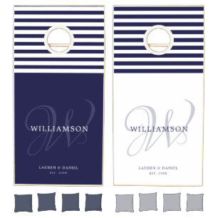 Modern Monogram Script Custom Names Wedding Blue Cornhole Set