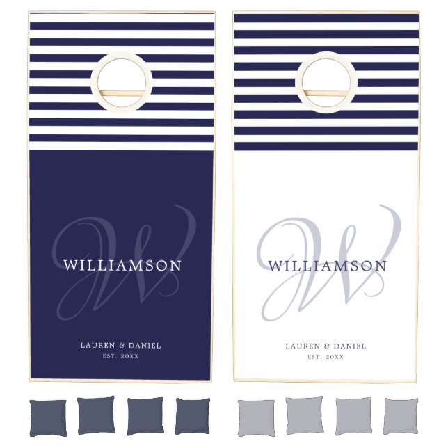 Modern Monogram Script Custom Names Wedding Blue Cornhole Set (Set)