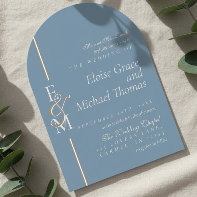 Modern Monogram Script Dusty Blue Arch Wedding Invitation (Announce your special day with this luxurious Modern Monogram Script Arch Wedding Invitation!)