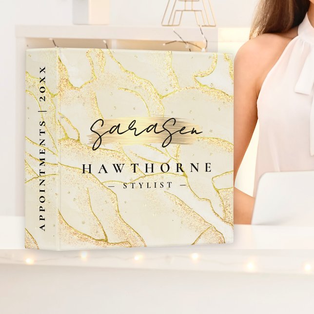 Modern Monogram Script Elegant Ivory Gold Foil 3 Ring Binder (Creator Uploaded)