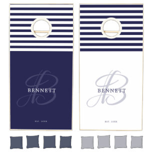 Modern Monogram Script Family Name Blue Cornhole Set