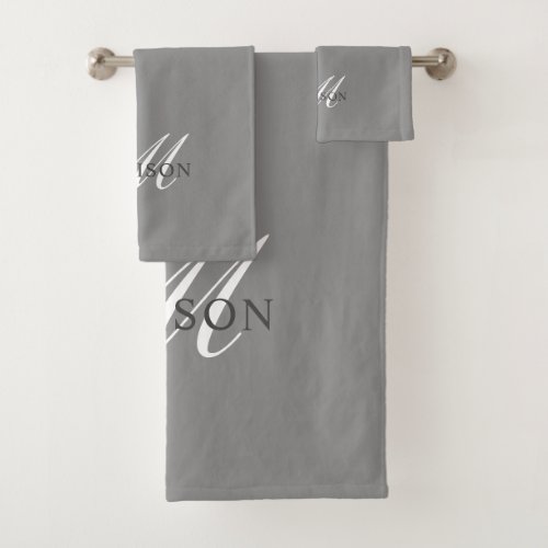 Modern Monogram Script Gray Bath Towel Set