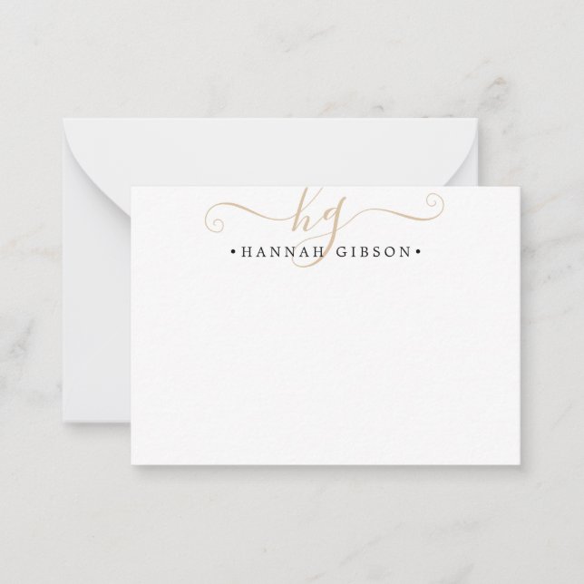 Modern Monogram Script Initials Gold Black Note Card (Front)