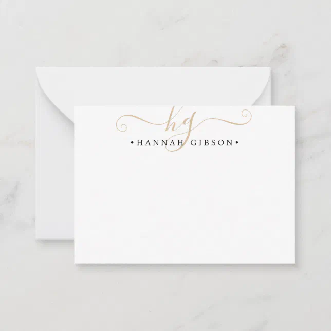 Modern Monogram Script Initials Gold Black Note Card | Zazzle